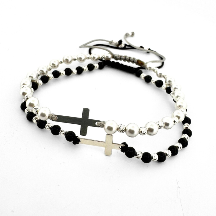 Set Brățări din Argint 925 cu Cruciuliță, Onix Negru Lucios și Perle Mallorca Albe – Cadoul Perfect pentru Cupluri [3]