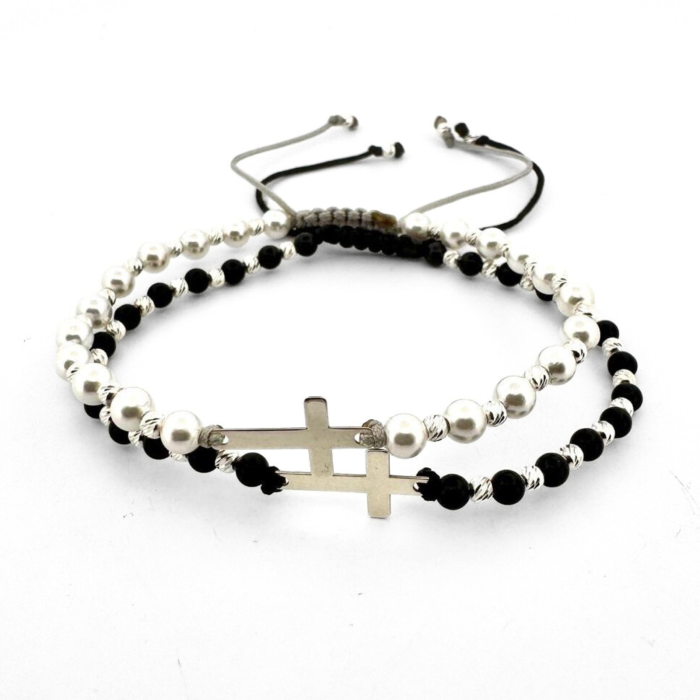 Set Brățări din Argint 925 cu Cruciuliță, Onix Negru Lucios și Perle Mallorca Albe – Cadoul Perfect pentru Cupluri [2]