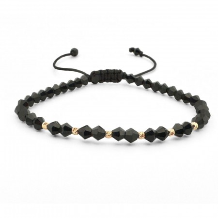 Bratari aur barbati - Brățară cu 6 Biluțe de Aur 14K, Cristale Negre Biconice 4mm, Șnur Reglabil