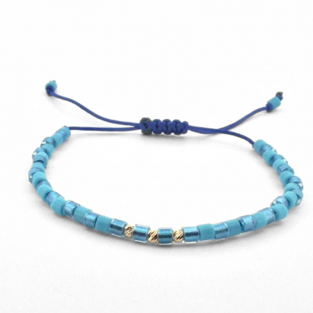Bratari Aur - Brățară cu 3 Biluțe de Aur 14K, Mărgele Miyuki Albastru 3mm, Șnur Reglabil