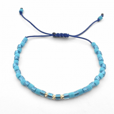 Brățară cu 3 Biluțe de Aur 14K, Mărgele Miyuki Albastru 3mm, Șnur Reglabil [1]