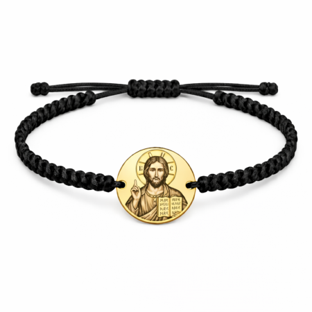 Bijuterii Personalizate - Brățară cu bănuț din inox auriu gravat cu icoana Mântuitorului – Brățară personalizată cu șnur împletit