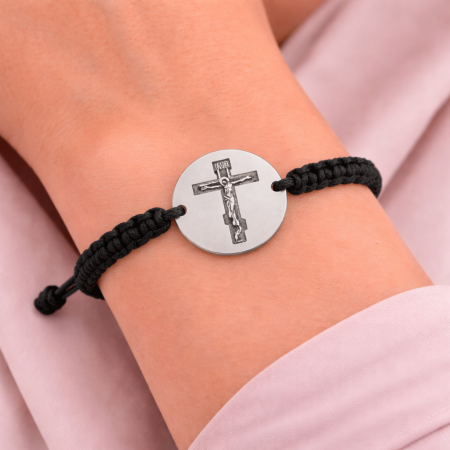 Brățară cu bănuț din inox gravat cu cruce – Brățară personalizată cu șnur împletit [1]