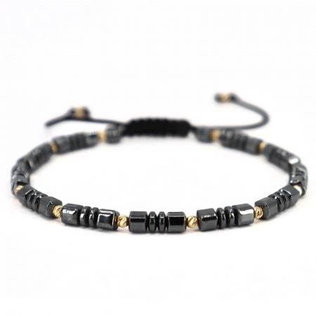 Bratari aur barbati - Brățară cu Bile de Aur 14K, Șnur Reglabil, Hematit Cuburi și Discuri 4mm