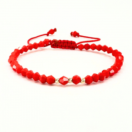 Brățară cu Biluțe de Aur 14K 2.5 mm, Șnur Reglabil și Cristale Roșii Bratari cu bilute de aur - Brățară cu Biluțe de Aur 14K 2.5 mm, Șnur Reglabil și Cristale Roșii