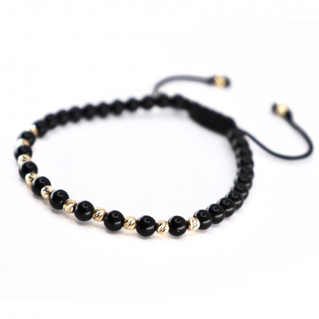 Brățară cu Biluțe de Aur 14K, Onix Negru Lucios 4mm și Șnur Reglabil [1]