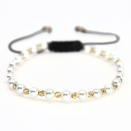 Brățară cu Biluțe de aur 14K, Perle Albe stil Mallorca și Șnur reglabil Bratari cu bilute de aur - Brățară cu Biluțe de aur 14K, Perle Albe stil Mallorca și Șnur reglabil