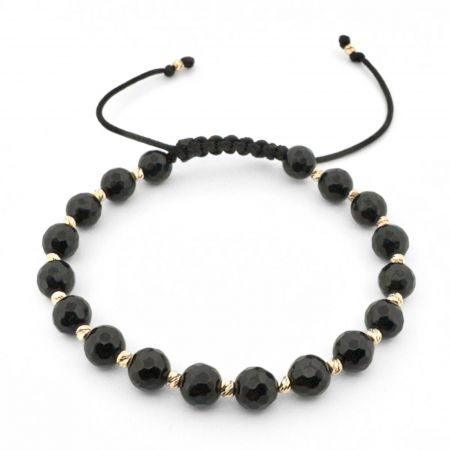 Brățară cu Biluțe de Aur 14K, Pietre Onix Fațetat 6mm, Șnur Reglabil [1]