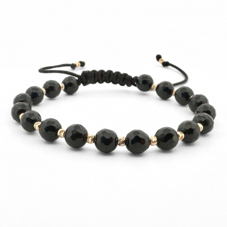 Bratari aur barbati - Brățară cu Biluțe de Aur 14K, Pietre Onix Fațetat 6mm, Șnur Reglabil