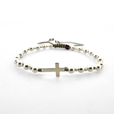 Bratari Argint - Brățară cu Biluțe din Argint 925, Perle Albe Mallorca și Cruciuliță din Argint – Eleganță și Echilibru Spiritual