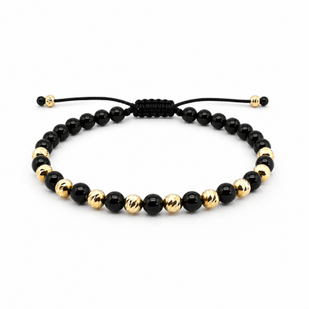 Bratari Argint - Brățară cu Onix Lucios 4 mm și 10 Biluțe din Argint 925 Placate cu Aur 18K – Design Minimalist și Modern