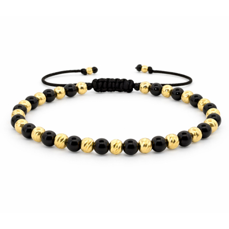 Bratari Argint - Brățară cu Onix Lucios 4 mm și Biluțe din Argint 925 Placate cu Aur 18K 4 mm – Brățară Elegantă Reglabilă