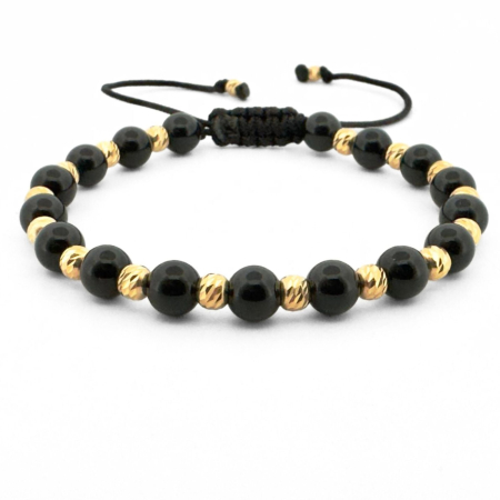 Brățară cu Onix Lucios 6 mm și Biluțe din Argint 925 Placate cu Aur 18K 4 mm – Brățară Elegantă Reglabilă Unisex [0]