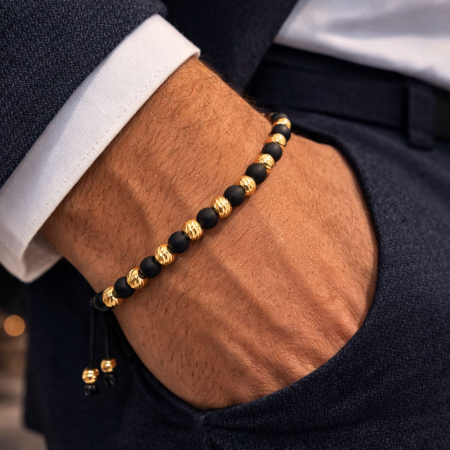 Brățară cu Onix Mat 4 mm și Biluțe din Argint 925 Placate cu Aur 18K 4 mm – Brățară Reglabilă cu Stil Modern și Versatil [2]