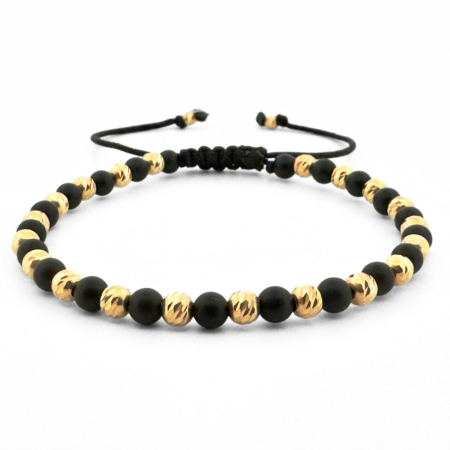 Bratari Argint - Brățară cu Onix Mat 4 mm și Biluțe din Argint 925 Placate cu Aur 18K 4 mm – Brățară Reglabilă cu Stil Modern și Versatil