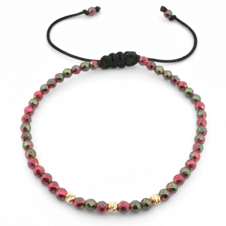Brățară Damă cu 3 Bile de Aur 14K 3mm, Hematit Fucsia Multicolor Fațetat, Șnur Reglabil [1]