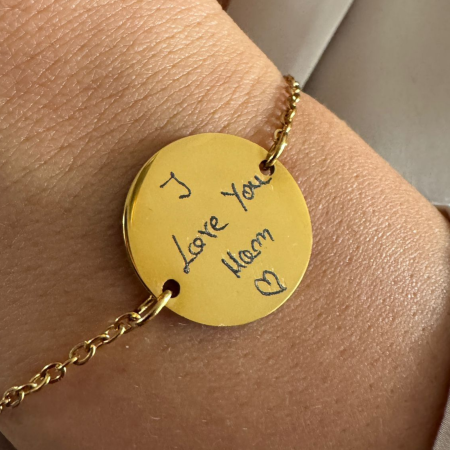 Bijuterii Personalizate - Brățară Damă cu Bănuț Personalizat cu Scrisul Tău de Mână – Inox Auriu, Gravură Laser