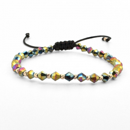 Bratari aur dama - Brățară Damă cu Biluțe de Aur 14K, Cristale Multicolore Biconice, Șnur Reglabil