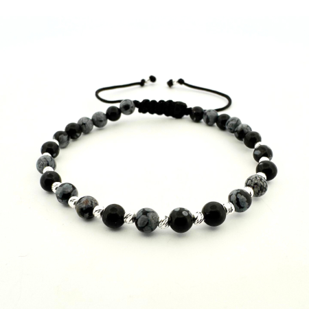 Bratari Argint - Brățară din Argint 925 cu 16 Biluțe și Pietre Naturale Obsidian Fulg de Nea – Echilibru în Formă de Bijuterie