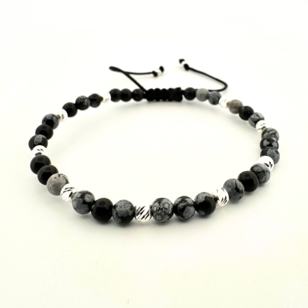Bratari Argint - Brățară din Argint 925 cu Obsidian Fulg de Nea – Note de Calm și Profunzime
