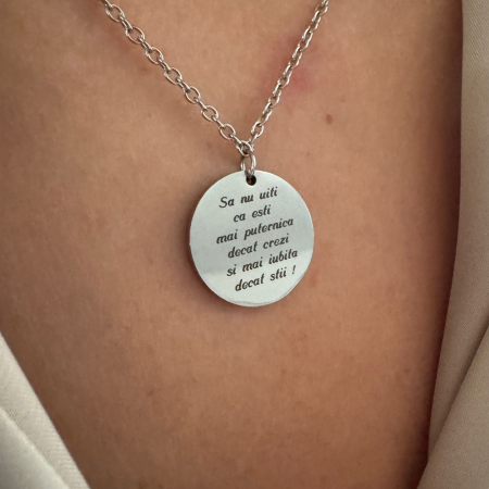 Bijuterii Personalizate - Lănțișor Damă cu Bănuț Personalizat Text – Inox Argintiu, Gravură Laser