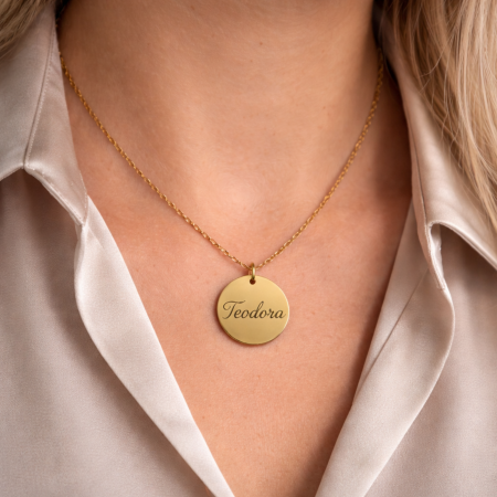 Lănțișor Damă cu Bănuț Personalizat Text sau Simbol – Inox Auriu, Gravură Laser [1]