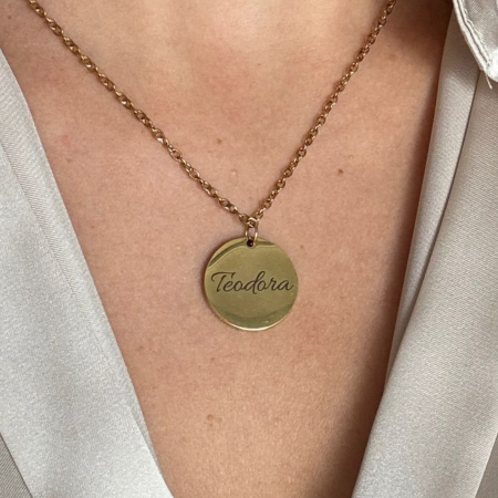 Bijuterii Personalizate - Lănțișor Damă cu Bănuț Personalizat Text sau Simbol – Inox Auriu, Gravură Laser