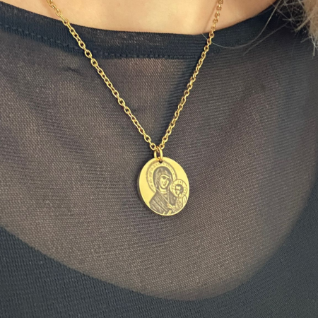 Bijuterii Personalizate - Lănțișor Damă Personalizat cu Icoană – Inox Auriu, Gravură Laser Față-Verso