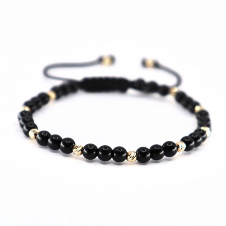 Set Brățări cu Biluțe de Aur 14K, Onix Negru Lucios 4mm și Șnur Reglabil [3]