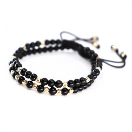 Set Brățări cu Biluțe de Aur 14K, Onix Negru Lucios 4mm și Șnur Reglabil [1]