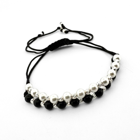 Set Brățări cu Biluțe din Argint 925 – Onix Negru Lucios și Perle Mallorca 4 mm [1]