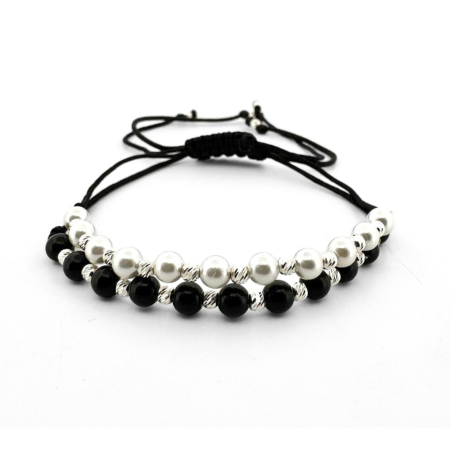 Bratari Argint - Set Brățări cu Biluțe din Argint 925 – Onix Negru Lucios și Perle Mallorca 4 mm