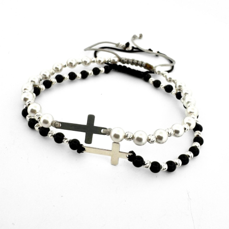Set Brățări din Argint 925 cu Cruciuliță, Onix Negru Lucios și Perle Mallorca Albe – Cadoul Perfect pentru Cupluri [2]