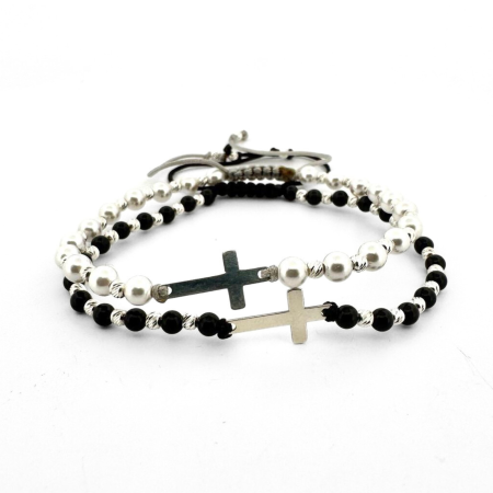 Bratari Argint - Set Brățări din Argint 925 cu Cruciuliță, Onix Negru Lucios și Perle Mallorca Albe – Cadoul Perfect pentru Cupluri