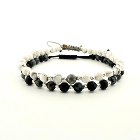Bratari Argint - Set de Brățări cu Biluțe de Argint 925 cu Howlit și Obsidian Fulg de Nea – Energie naturală în două forme