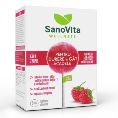 SUPLIMENTE RĂCEALĂ- APARAT RESPIRATOR ANTIVIRAL - SANO ACADELE DURERE IN GAT 5 BUC/1CUTIE