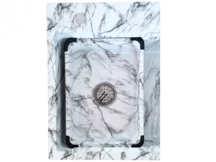 Chiuveta de bucatarie din inox 75x46cm, o cuva + sifon cu preaplin si decantor,  inox Marble White, montaj pe blat [2]