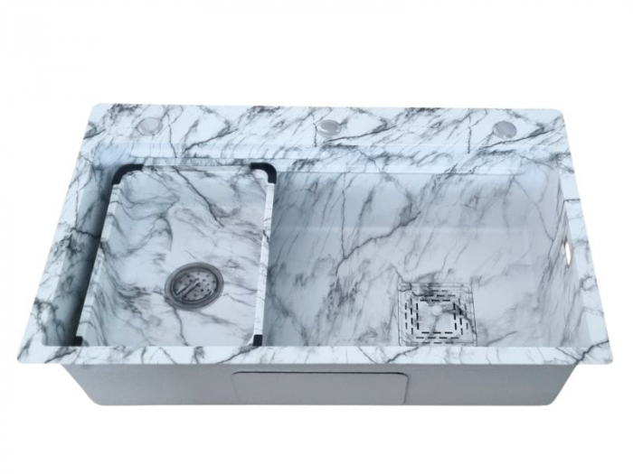 Chiuveta de bucatarie din inox 75x46cm, o cuva + sifon cu preaplin si decantor,  inox Marble White, montaj pe blat [4]