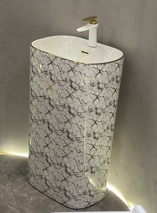 Lavoar stativ freestanding, ceramică sanitară, finisaj alb-marmorat cu inserții aurii  – 46 × 38 × 84 cm - P3214EWG1 [1]