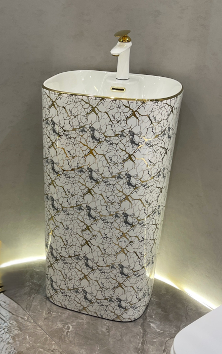 Lavoar stativ freestanding, ceramică sanitară, finisaj alb-marmorat cu inserții aurii  – 46 × 38 × 84 cm - P3214EWG1 [3]