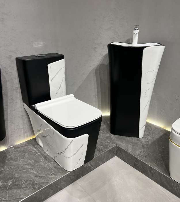 Lavoar stativ freestanding, ceramică sanitară, finisaj marmură/negru - 46 x 36 x 85 cm P3202MB [5]