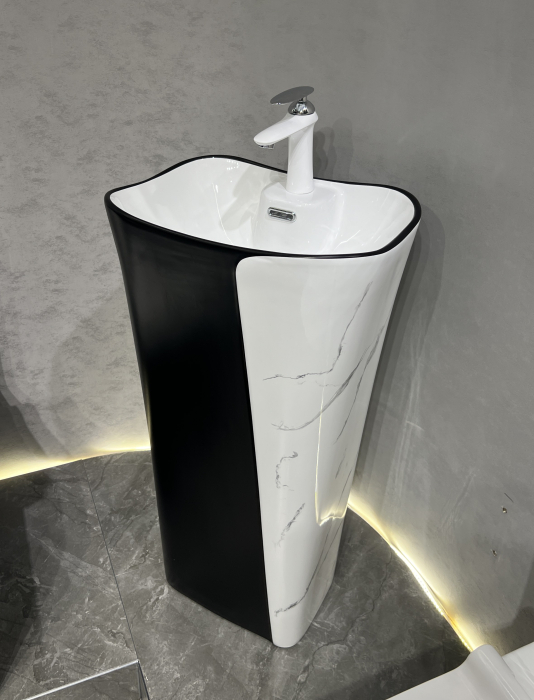 Lavoar stativ freestanding, ceramică sanitară, finisaj marmură/negru - 46 x 36 x 85 cm P3202MB [6]