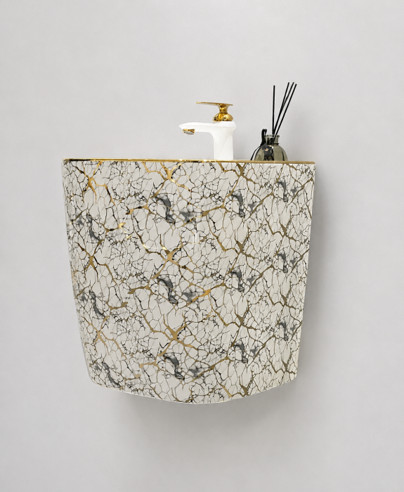 Lavoar suspendat, ceramică sanitară, finisaj alb-marmorat cu inserții aurii - 40 × 38 × 45 cm - P124EWG1 [4]