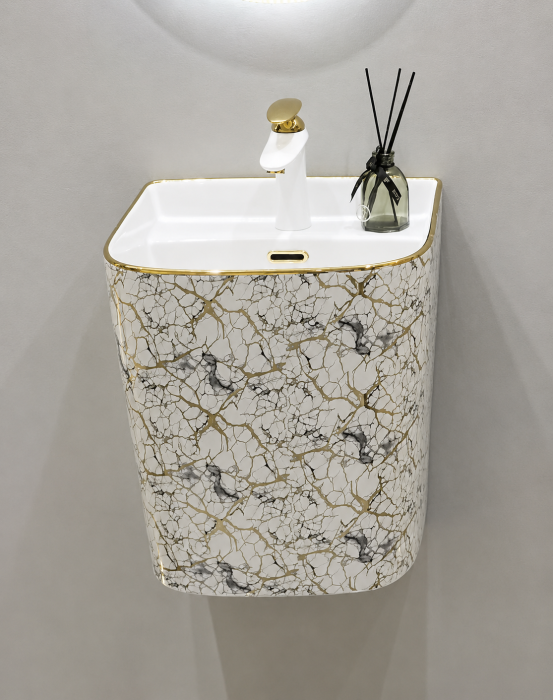 Lavoar suspendat, ceramică sanitară, finisaj alb-marmorat cu inserții aurii - 40 × 38 × 45 cm - P124EWG1 [2]
