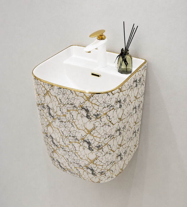 Lavoar suspendat, ceramică sanitară, finisaj alb-marmorat cu inserții aurii - 40 × 38 × 45 cm - P124EWG1 [3]