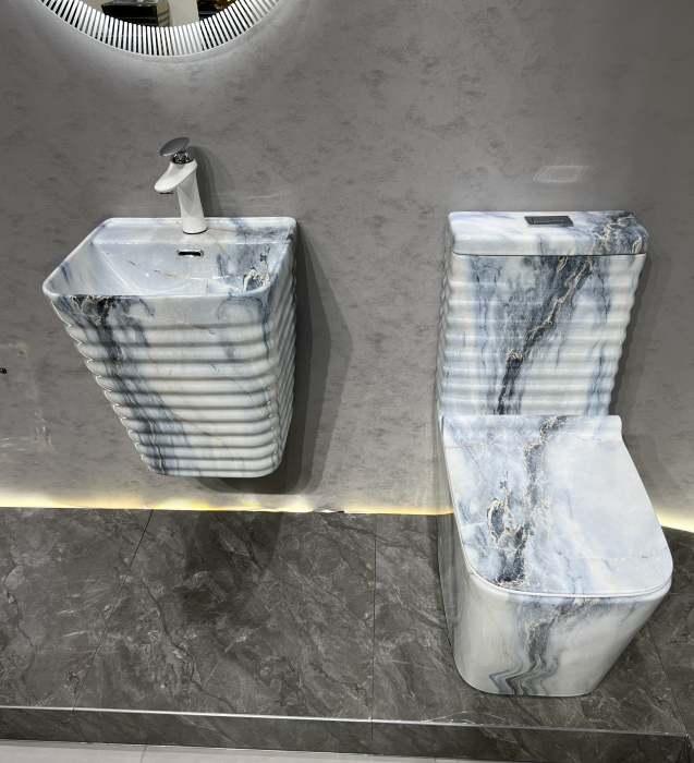 Lavoar suspendat, ceramică sanitară, finisaj marmură alb-gri - 40 × 38 × 51 cm - P179CW72 [4]