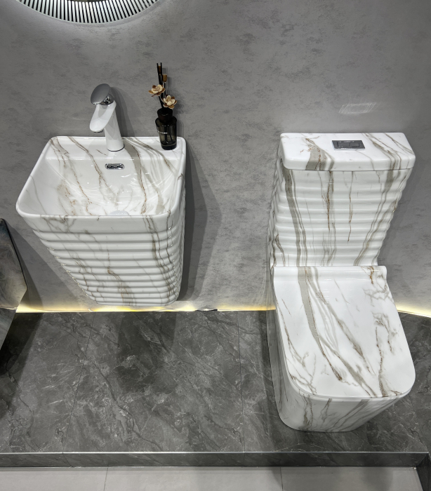 Lavoar suspendat, ceramică sanitară, finisaj marmură alb-gri - 40 × 38 × 51 cm - P179CW41 [5]