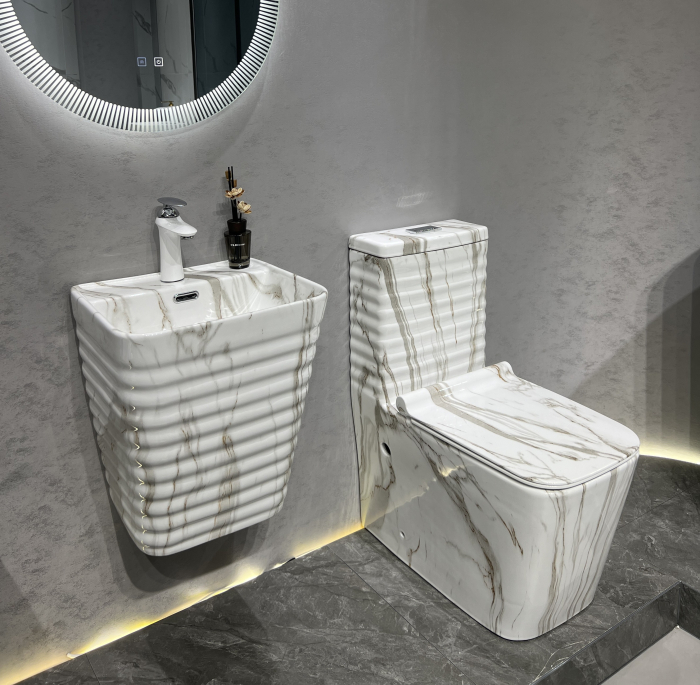 Lavoar suspendat, ceramică sanitară, finisaj marmură alb-gri - 40 × 38 × 51 cm - P179CW41 [3]