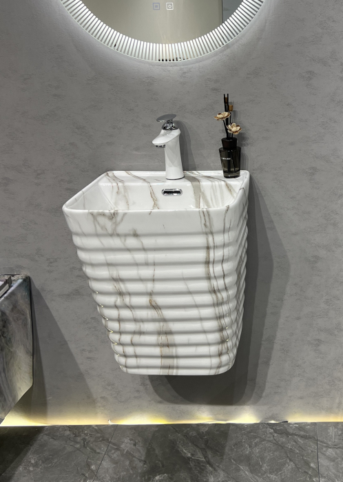 Lavoar suspendat, ceramică sanitară, finisaj marmură alb-gri - 40 × 38 × 51 cm - P179CW41 [2]