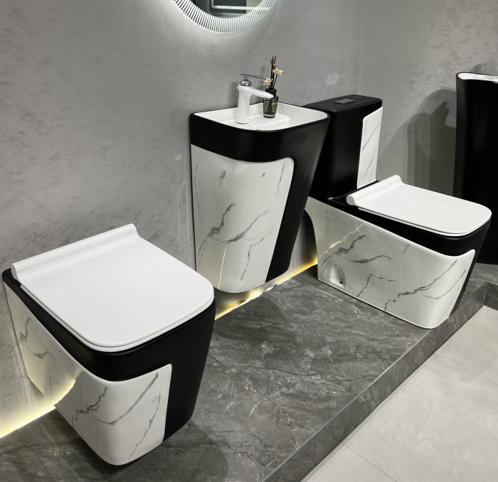 Lavoar suspendat, ceramica sanitara, finisaj marmură/negru 41 x 34 x 62 cm P130MB [4]